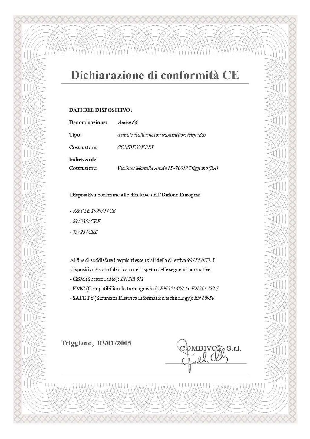 Dichiarazione di conformità CE DISPOSITIVO: DENOMINAZIONE: TIPO: COSTRUTTORE: Indirizzo del Semaforo 3 Luci 220 V. 50 Hz Esterno Grado Prot. IP 65 3 Luci con Vetro Rosso Giallo Verde Lampada Inc.