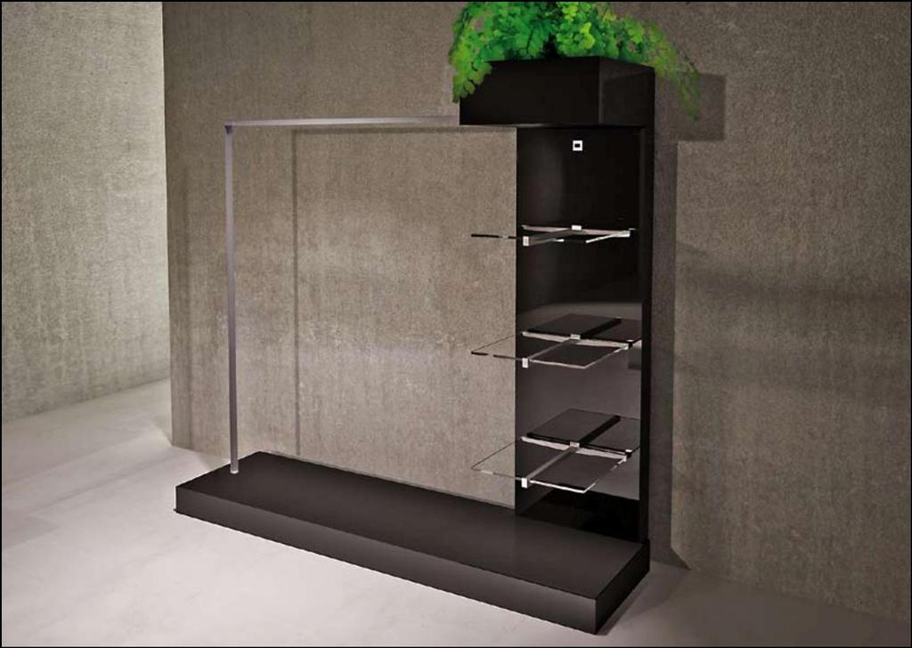 temperato (opzionale) Self-standing island for centre room in glossy faced panel With crossbar in metal, glossy chromium finishing With waterproof iron basket for plant placement Tempered glass shelf