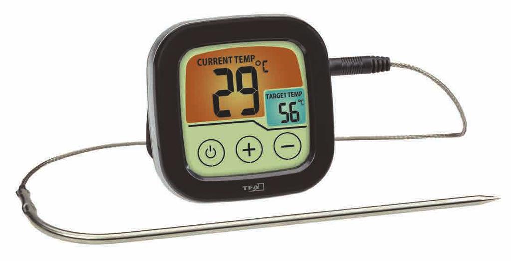 raggiungimento della temperatura impostata Timer Cronometro Sonda in acciaio inox con cavo da 80 cm Magnete da 0 C a +300 C Alimentazione: 2 batterie 1,5V AAA (incluse)
