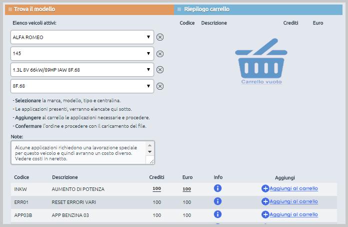 Appena compiuto l accesso - Menù TROVA MODELLO - APPLICAZIONI: Appena visualizzate tutte le applicazioni disponibili per il modello selezionato, aggiungerle al carrello, tramite il pulsante Aggiungi