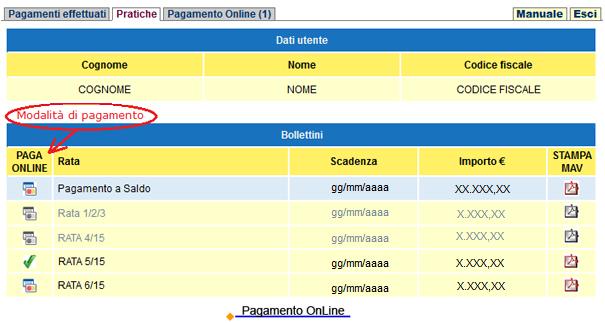 4. Scelta della modalità di pagamento Cliccando su una delle due immagini presenti nel campo PAGA ONLINE oppure su STAMPA MAV è possibile selezionare i bollettini e contemporaneamente scegliere il