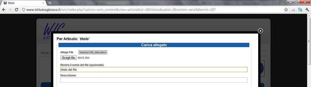 14) Indicare il titolo del file allegato e quindi cliccare su Carica.