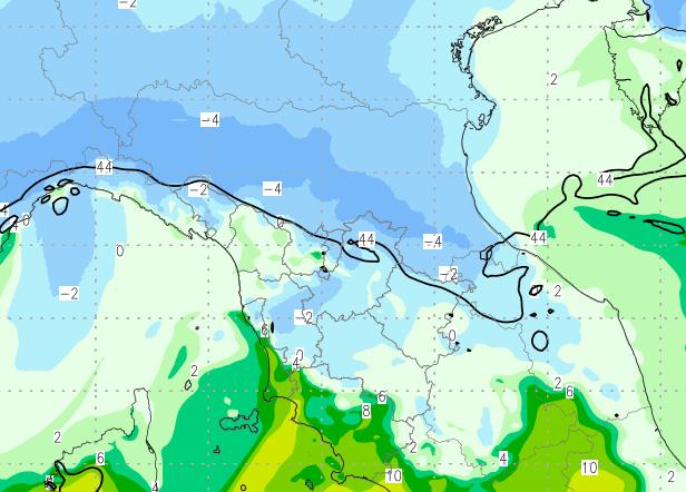 Immagine 14: particolare della temperatura a 950 hpa (450 metri circa) prevista dal modello ad