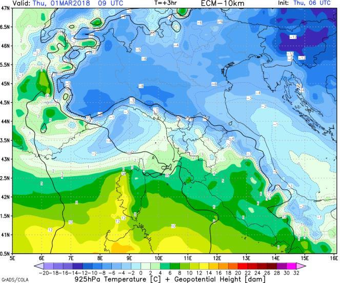 Immagini 10-11: isoterme alla quota isobarica di 925 hpa (sinistra) e di 850 hpa (destra) previste dal modello ECMWF alle ore 09 UTC del 1 marzo.