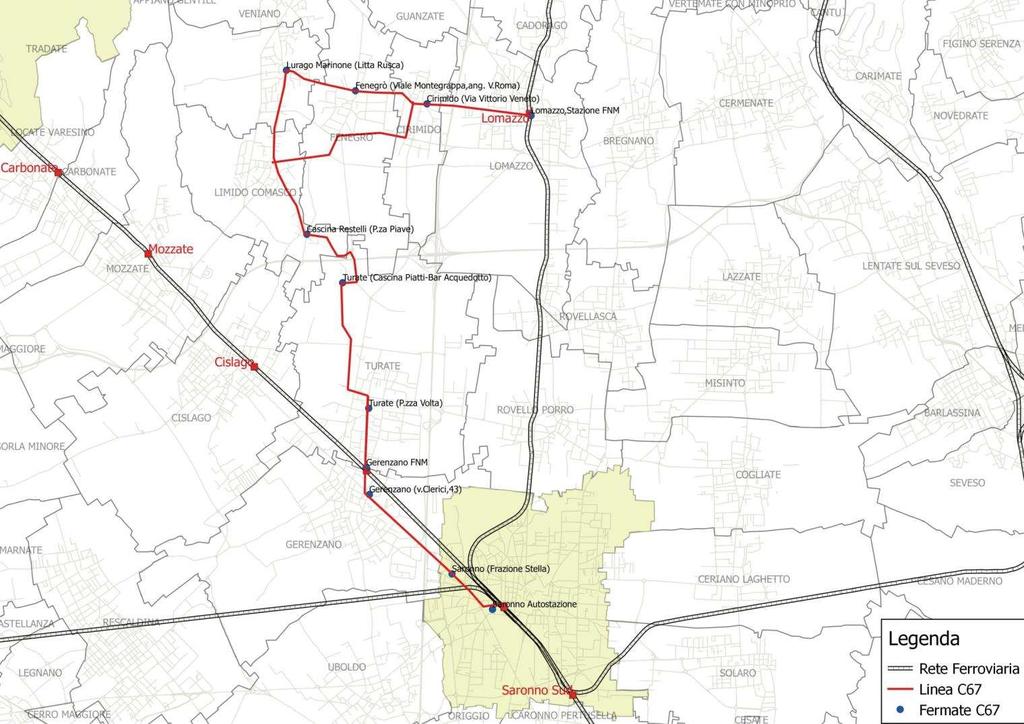 La linea C67 Saronno-Fenegrò-Lomazzo e la linea H203 Saronno-Turate presentano sovrapposizioni funzionali e geografiche nel tratto Turate-Saronno.