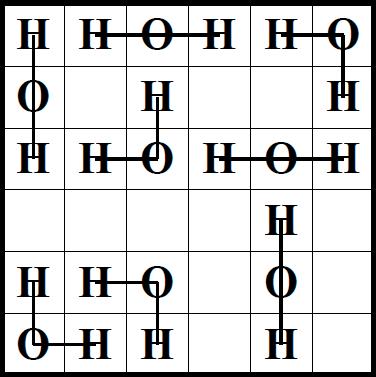 3. H 2 O (12 punti): Disegnate in alcune caselle vuote un atomo di ossigeno (O), a fianco di 2 atomi di idrogeno (H). Ogni atomo di idrogeno va usato esattamente una volta.