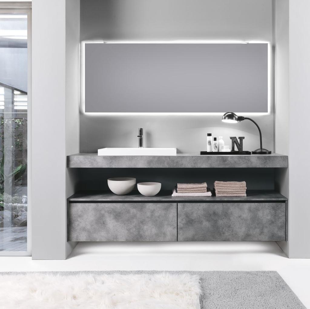 t547 colore cemento laminato cod.l1 HPL laminated top cm.186.4 d.46 h.10 cod.p1046 cement color cod.l1 Above-counter basin in glossy tekorlux cod.l68 Mirror cm.173 h.65 cod.