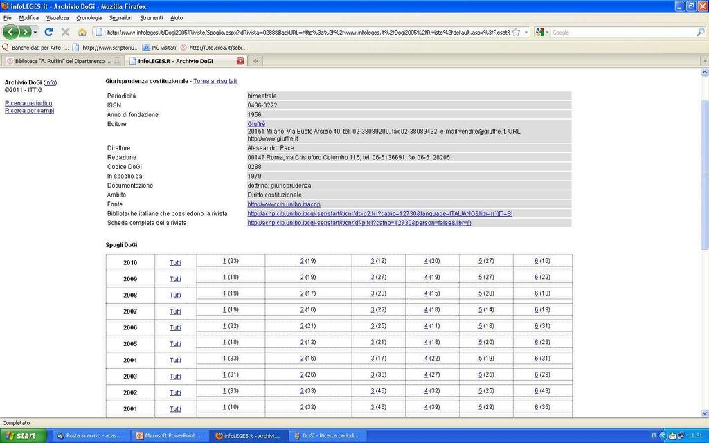 Ricerca Periodici La scheda di dettaglio del periodico mostra: I dati bibliografici I dati di spoglio, con il