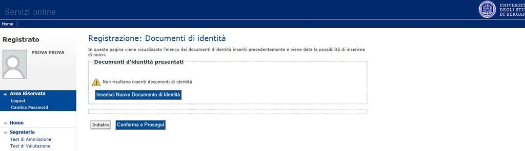 Seleziona Inserisci Nuovo Documento di Identità,