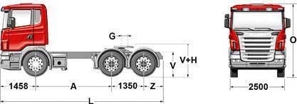 TRATTORE PER SEMIRIMORCHI Sospensioni anteriori a balestra parabolica Sospensioni posteriori pneumatiche Cabine R - Motorizzazioni V8 Misure generali, mm Altezza massima "O" con CR16 3.197 con CR19 3.