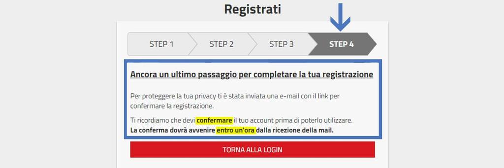 STEP 4 L Utente viene informato che tutti i dati inseriti sono stati memorizzati correttamente, che gli è stata