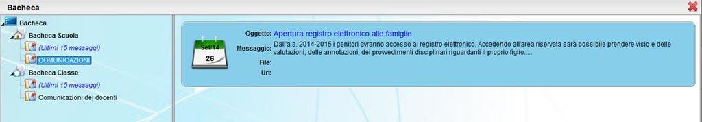 Menu DOCUMENTI - Bacheca La finestra contiene l elenco dei messaggi inseriti in una determinata area, esempio, Comunicazioni o Comunicazioni dei docenti, etc.