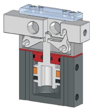 HS Schema di funzionamento Le griffe sono azionate tramite leve dallo stelo del pistone. Lay-out The gripper is driven by the piston rod, that operates the jaws by levers.