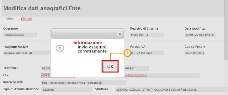 Figura 8: Messaggio di conferma modifica La variazione effettuata verrà evidenziata da un riquadro rosso al momento del salvataggio, come