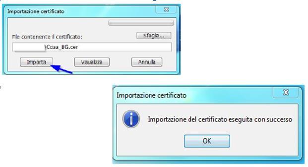 Se l operazione è stata eseguita correttamente appare il messaggio Importazione del certificato eseguita con successo. 6.