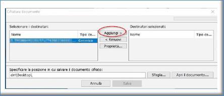 Nella finestra Cifratura documento ora è possibile selezionare il destinatario e cliccare su Aggiungi.