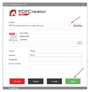 3. Per procedere con la creazione del file PDF/A, nel menu File selezionare il comando Stampa. Nella finestra che appare selezionare la stampante virtuale PDF Creator e confermare con OK. 4.