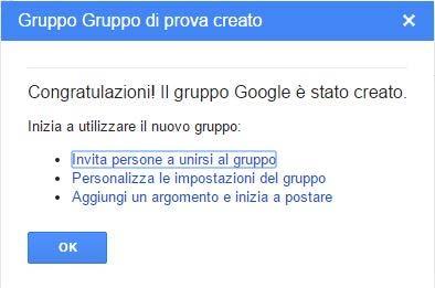 36. Dopo alcuni secondi viene visualizzato un messaggio di avvenuta creazione del Gruppo con tre opzioni. Per terminare cliccare su OK. 37.