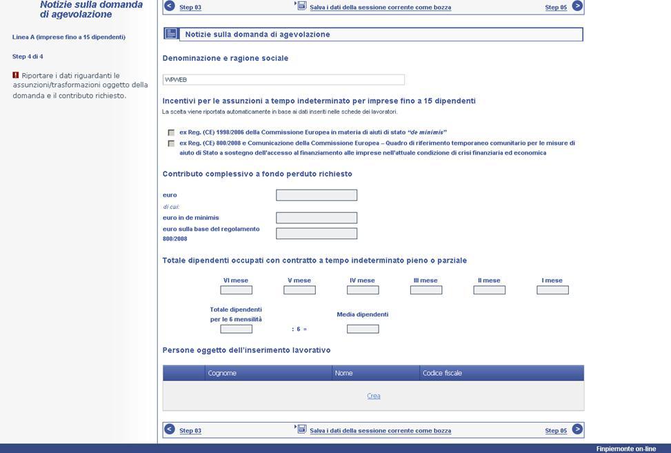 4) NOTIZIE SULLA DOMANDA DI AGEVOLAZIONE CONTRIBUTO COMPLESSIVO A FONDO PERDUTO RICHIESTO EURO: imputare manualmente la cifra del contributo complessivo a fondo perduto richiesto, coerentemente con