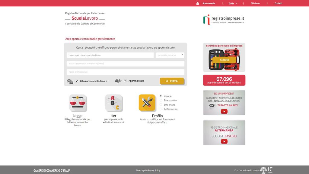 Accesso all area riservata Dalla homepage del RASL è possibile accedere all area riservata attraverso sezione «Strumenti per scuole ed imprese» o il link «Area riservata».