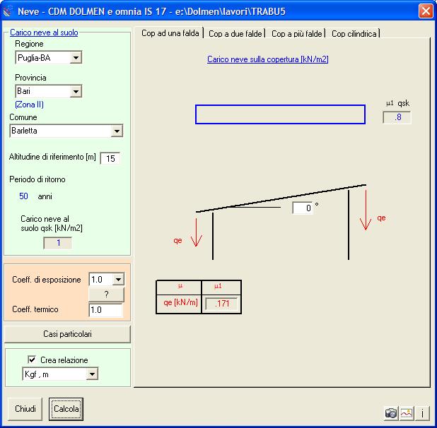 NEVE CARICO NEVE lavoro : TRABU5 Unità di misura : m ; Kgf/mq ; Kgf/m Zona 2 Altitudine [m]: 15 Periodo di Ritorno [anni]: 50 qsk (carico neve