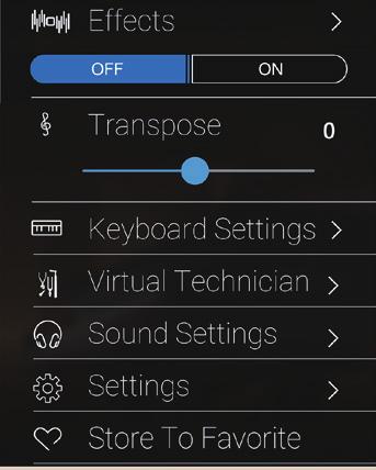 Settings Il menu Settings contiene impostazioni e funzioni relative al funzionamento dello strumento, quali connettività Bluetooth e MIDI, funzioni USB, aspetto LCD, ecc.