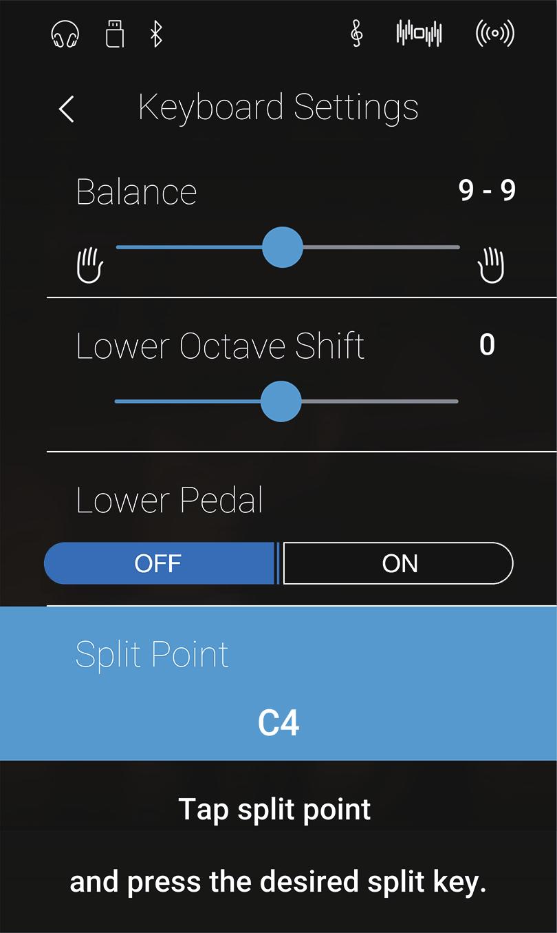 Schermata modalità Sound Toccare il pulsante [Menu] per visualizzare il menu della modalità Sound. Quindi, toccare [Keyboard Settings] per visualizzare le impostazioni della modalità tastiera Split.