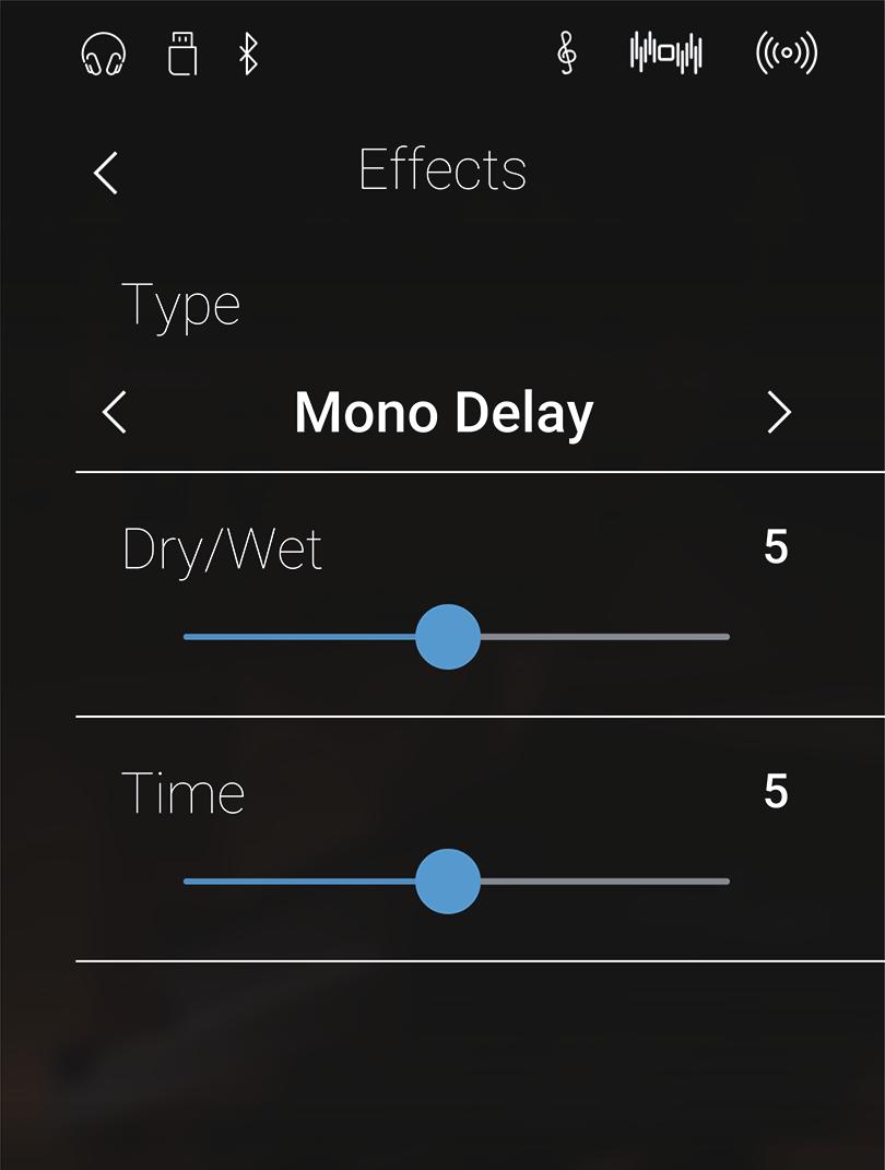 Schermata modalità Sound 6 Effects Oltre al riverbero, è possibile applicare al suono selezionato vari altri effetti, cambiando il carattere timbrico e la sensazione dello strumento.