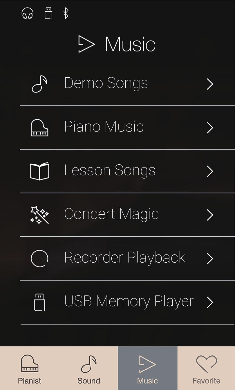 Informazioni sulla schermata sulla schermata Music Music La schermata Music permette l accesso a un ampia selezione di brani dimostrativi, pezzi di musica per pianoforte, libri degli esercizi