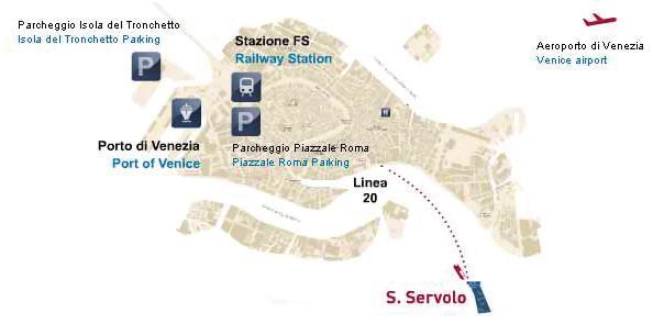Arrivare a San Servolo è facile Dal centro storico di Venezia L isola si raggiunge facilmente con il servizio di trasporto pubblico actv, vaporetto linea 20 da S.