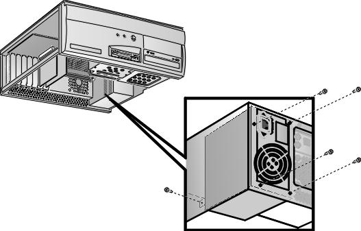 Sostituzione dell alimentatore 3 Togliere le viti che fissano l alimentatore. Le viti di fissaggio sono applicate allo chassis 4 Sfilare l'alimentatore verso l'alto ed estrarlo dal PC.