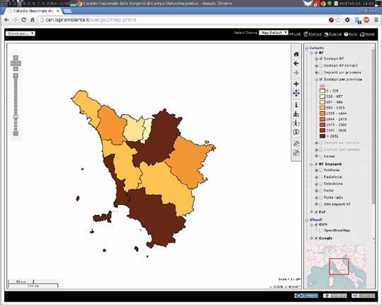 Fonte: ISPRA, ARPA/APPA Figura 6: Esempio di rappresentazione grafica del numero di sostegni RF per Provincia sul territorio della regione Toscana (utilizzato metodo Kernel Density Estimation).