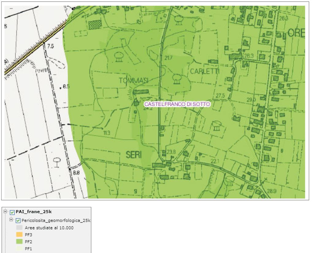 frana a pericolosità1:25.000, non essendo disponibile il livello di dettaglio alla scala 1:10.000) a pericolosità PF2 (media).