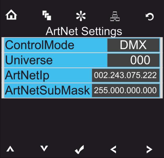 03) Premere i pulsanti per scegliere una delle 4 opzioni: Modalità di controllo ArtNet (Solo modalità 97 canali), DMX(Modalità 21 o 97 canali) DMX ArtNet + (76+14 canali) Universe (l universo del