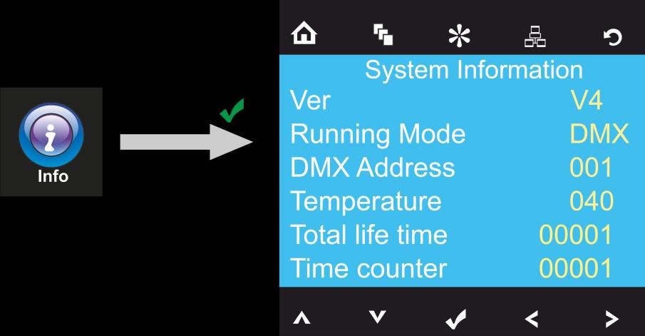 03) Viene visualizzata la seguente schermata: 04) Sarà possibile monitorare la versione software attuale del dispositivo, la modalità attiva attuale, l indirizzo DMX di partenza attuale, la