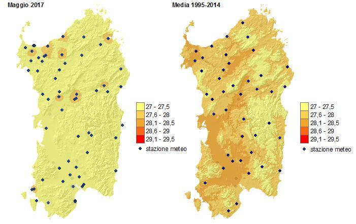 INDICE DI CALORE MEDIO E MASSIMO MENSILE 2 L HI medio mensile 3 e la media delle massime sono stati meno critici rispetto alla corrispondente media pluriennale 1995-2014 4 (Figure 1 e 2).