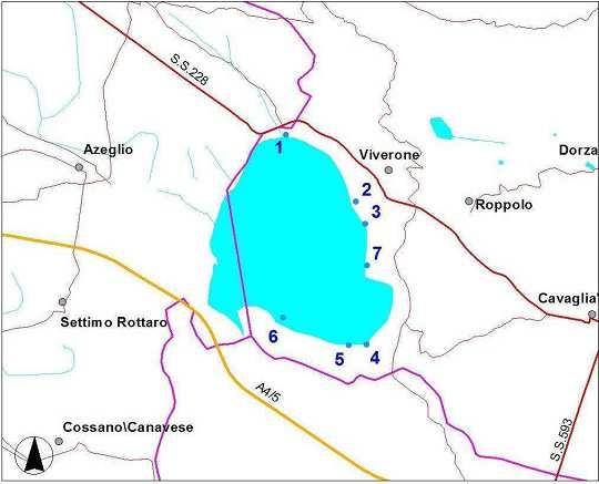 2.4. Lago di Viverone Nella stagione sono state sottoposte a monitoraggio 7 zone (Figura 2.4.1) e tutte hanno mantenuto l idoneità per l intera stagione balneare.