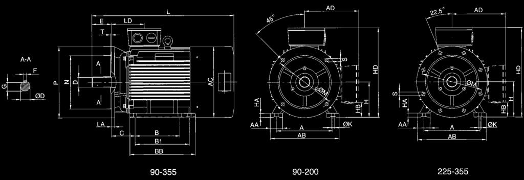 B35 Frame size Mounting dimensions (mm) Overall dimensions (mm) A B B1 C D E F G H K M N P S T AB AC AD HD L 90S 140 100 / 56 24 50 8 20 90 10 165 130 200 4-Ø12 4 180 175 155 245 385 90L 140 125 / 56