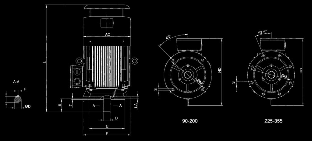 V1 Frame size Mounting dimensions (mm) Overall dimensions (mm) D E F G H K M N P S T AC HD L 90S 24 50 8 20 90 10 165 130 200 4-Ø12 4 175 255 415 90L 24 50 8 20 90 10 165 130 200 4-Ø12 4 175 255 445