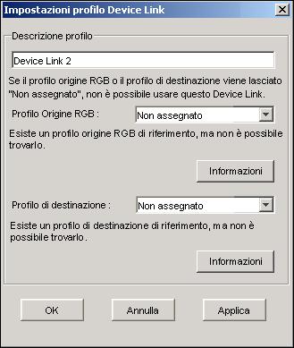 COLORWISE PRO TOOLS 32 PER ASSEGNARE LE IMPOSTAZIONI AL PROFILO DEVICE LINK 1 Dopo aver trasferito il profilo Device Link mediante Profile Manager e averlo aggiunto nell area del profilo Device Link,