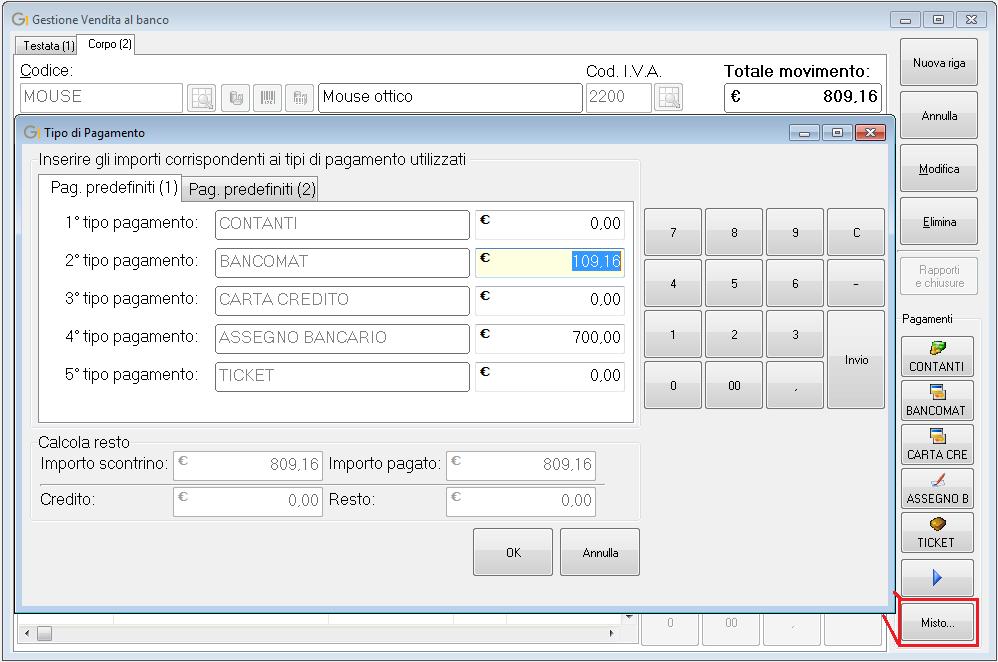 Il pagamento Misto non è previsto qualora il registratore di cassa sia di tipo modello Altro OCX.