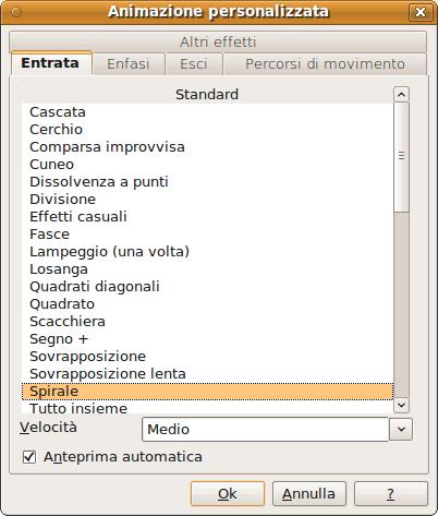 Animazioni (2) Ci sono diversi effetti Effetti di entrata (Entrata) Effetti di uscita (Esci) Effetti per attirare l'attenzione (Enfasi)