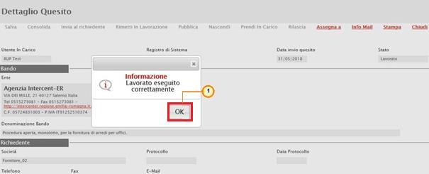 Il comando Consolida consente di inviare il quesito lavorato al Responsabile Unico del Procedimento (R.U.P.) per la sua evasione e, eventualmente, pubblicazione.