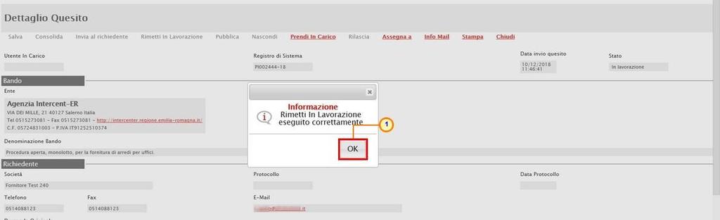 Figura 20: Rimetti in Lavorazione - Messaggio di conferma 4.