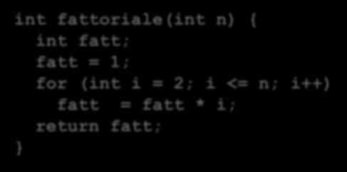 es. calcolo del fattoriale complessità lineare int fattoriale(int n) { int fatt; fatt = 1; for