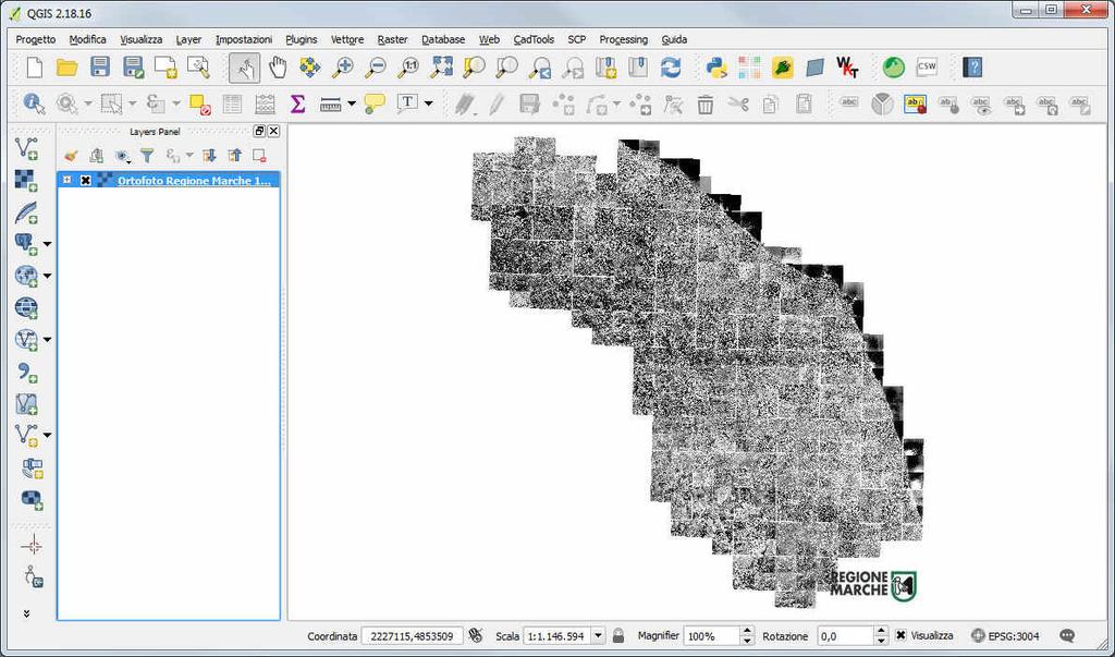 6. Vedrete il layer caricato nella finestra principale di QGIS. Potete fare operazioni di zoom e di pan come in qualsiasi altro layer.