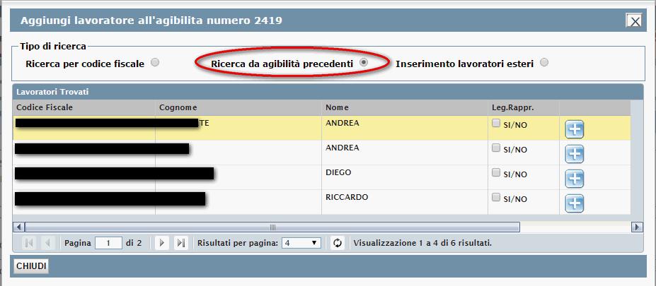 INSERISCI LAVORATORE DA AGIBILITÀ PRECEDENTI L utente decide di selezionare il lavoratore da una precedente agibilità.