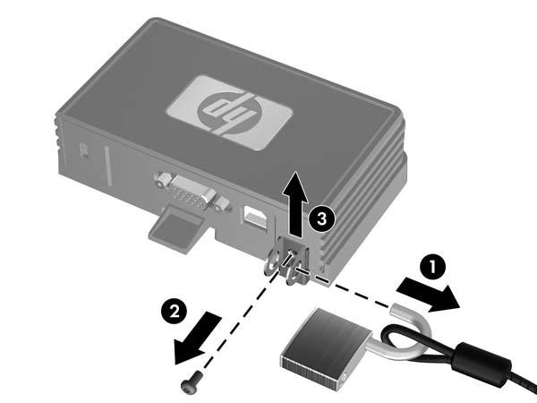 Rilascio del HP MultiSeat Thin Client t100 dalla staffa di montaggio Figura C-2 Rimozione del fermo di sicurezza 1.