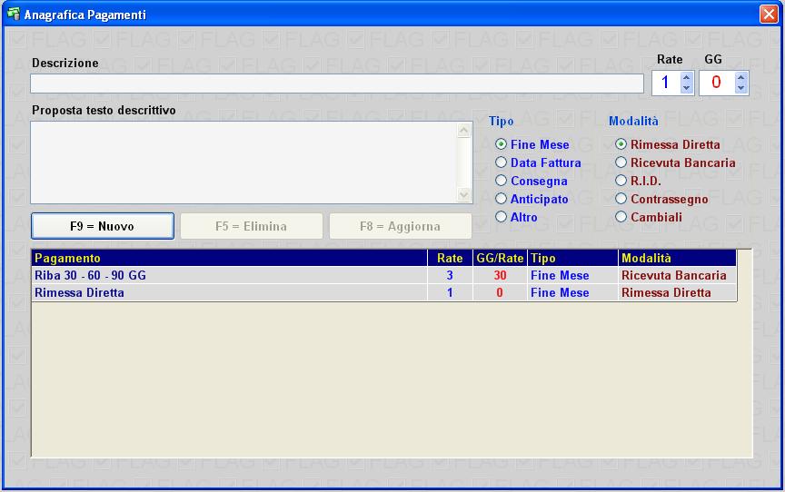 Aliquote IVA Pagamenti Tabella di definizione dei pagamenti in base alla quale vengono generate le scadenze relative alle fatture.