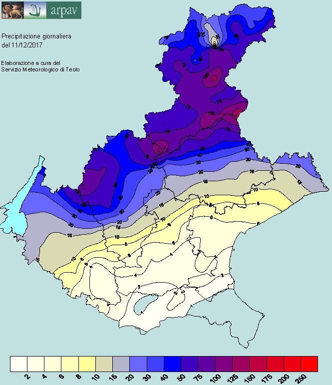 Allegato A al Dpgr n. 5 del 7 gennaio 2 pag. 5/39 Lunedì 7. Le precipitazioni sono frequenti in montagna e discontinue in pianura, solo su Delta del Po e zone limitrofe risultano assenti.